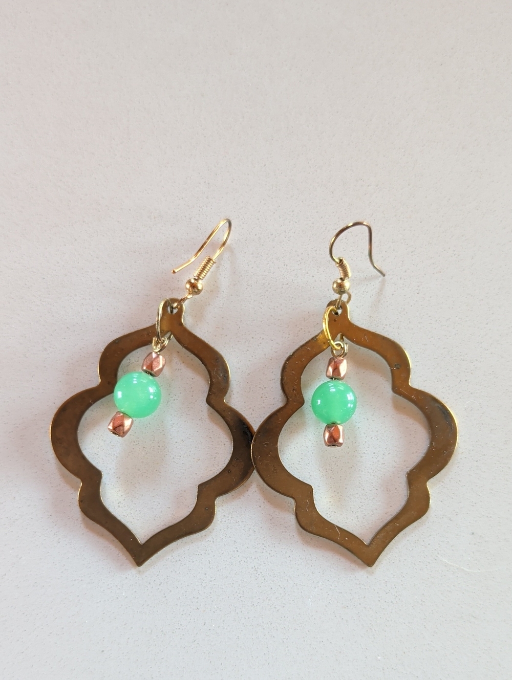 Brass, Jade & Copper Dangle Earrings
